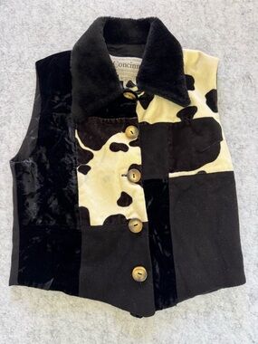 Concinno Vintage Patchwork Faux Fur Cow Print Vest Jacket Women’s Small Black